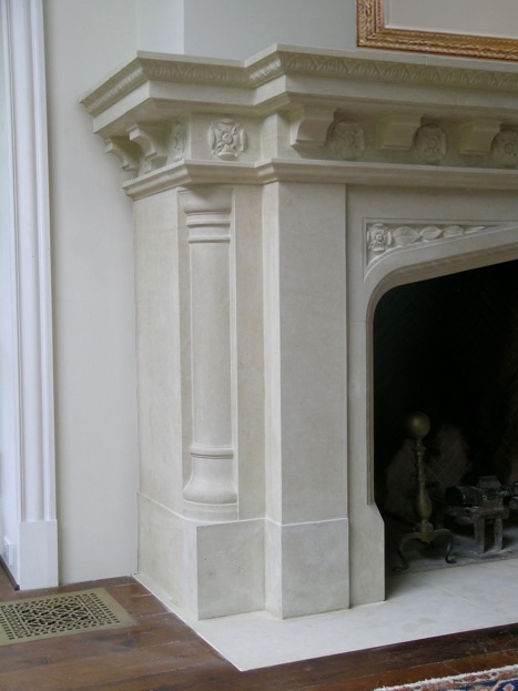 Neo-Gothic limestone mantel detail